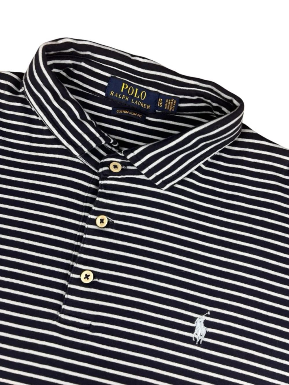 Polo Ralph Lauren Polo Shirt Mens XL Custom Slim‎ Fit Navy White Striped Cotton